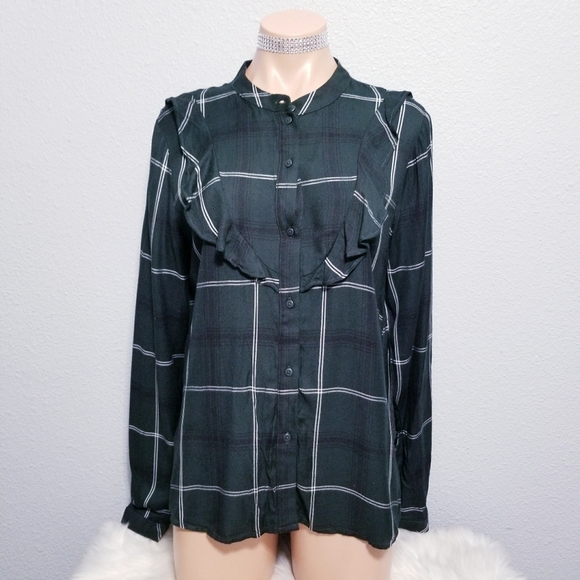 Sanctuary womens green ruffle print shirt top blouse MEDIUM - Picture 1 of 6